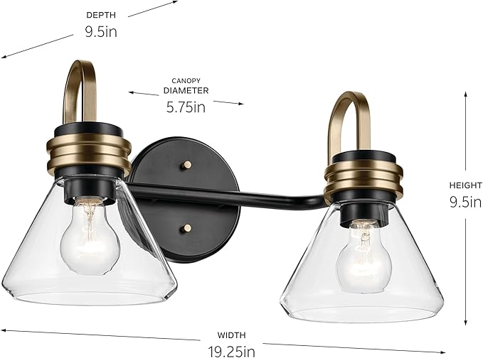 Kichler Farum 19.25" 2-Light Vanity Light with Clear Glass in Black, for Vanity, Jack & Jill Layout, Over a Mirror (19.25" W x 9.5" H), 55154BKCLR