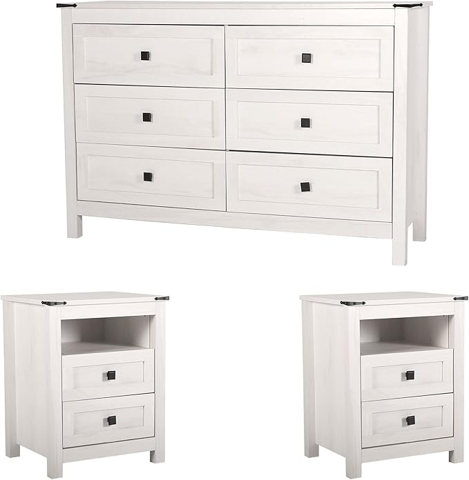 Farmhouse 6 Drawer Dresser & 2 Nightstand Sets for Bedroom, Wooden Dresser with Metal Handle for Bed Room, Hallway, Light Beige Rustic Oak