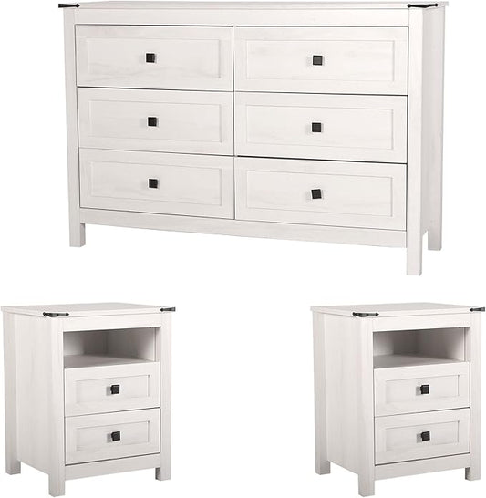 Farmhouse 6 Drawer Dresser & 2 Nightstand Sets for Bedroom, Wooden Dresser with Metal Handle for Bed Room, Hallway, Light Beige Rustic Oak