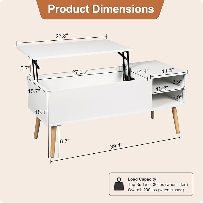 ALINE FURNITURE White Coffee Table Lift Top - Wood Coffee Table with Hidden Compartment Storage - 40" Pull Up Coffee Tables for Living Room