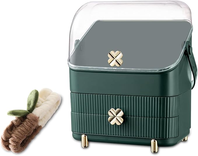 Ergocar Four Leaf Clover Series Make Up Case Dustproof Cosmetic Storage Box, Cosmetics Skin Care Products Multi-Function Jewelry Organizer Case - green
