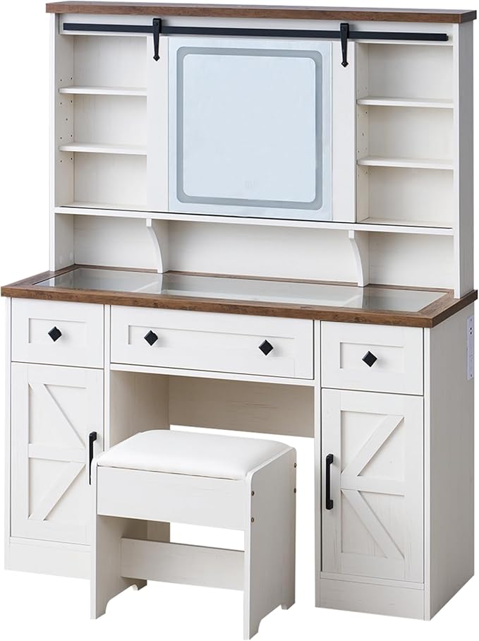 AMERLIFE 47.2" W Farmhouse Makeup Vanity Desk with Sliding Mirror, Vanity Set with Stool & Charging Station & 3 Brightness Lights, Glass Desktop, Ample Storage, Antique White
