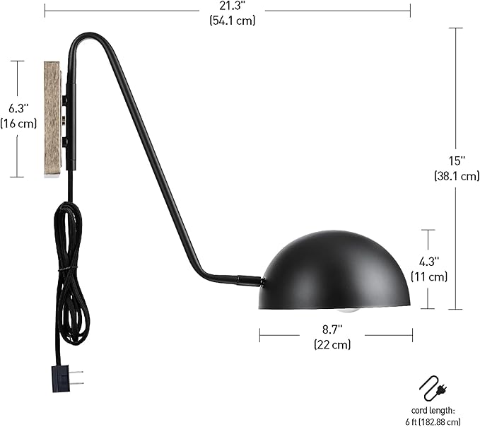 GLOBE Electric 51373 Addison 1-Light Plug-in Wall Sconce, Matte Black