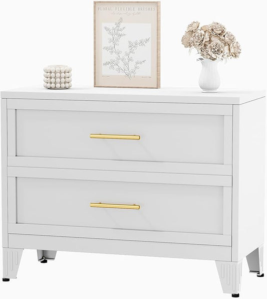 Metal Dresser for Bedroom 2 Drawers Dresser Metal Storage Dressers Organizer,24.8" H White Drawer Chest, Closet Organizers for Living Room, Hallway, Closet