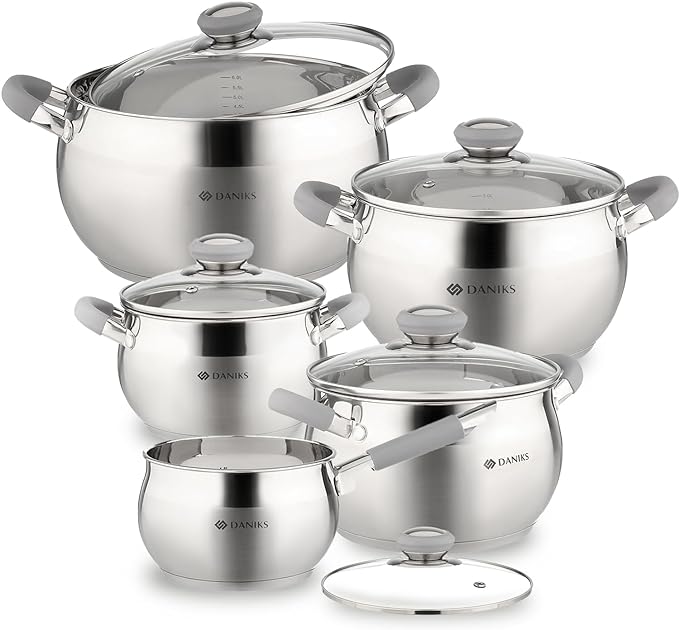 Daniks Modern 10-Piece Stainless Steel Induction Cookware Set – Dishwasher Safe Saucepan, Pots with Heatproof Handles, Glass Lids, Silver