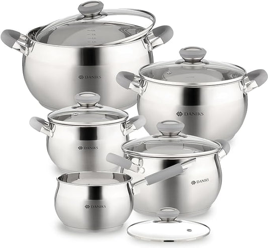 Daniks Modern 10-Piece Stainless Steel Induction Cookware Set – Dishwasher Safe Saucepan, Pots with Heatproof Handles, Glass Lids, Silver