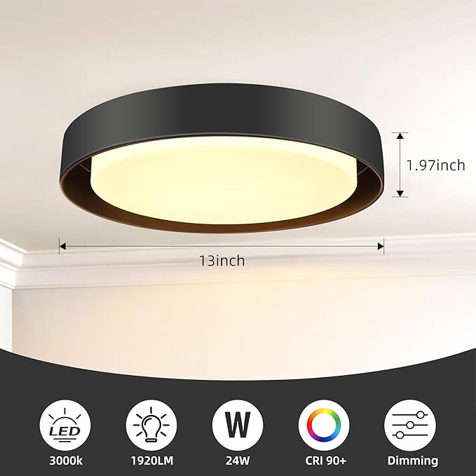 Hlite 13 inch Ceiling Light Fixture,Modern LED Flush Mount Ceiling Light,3000K/Warm White/24W,Dimmable 1920LM Rustic Indoor Room Decorative Ceiling Lights for Bedroom Kitchen, Black(1 Pack)