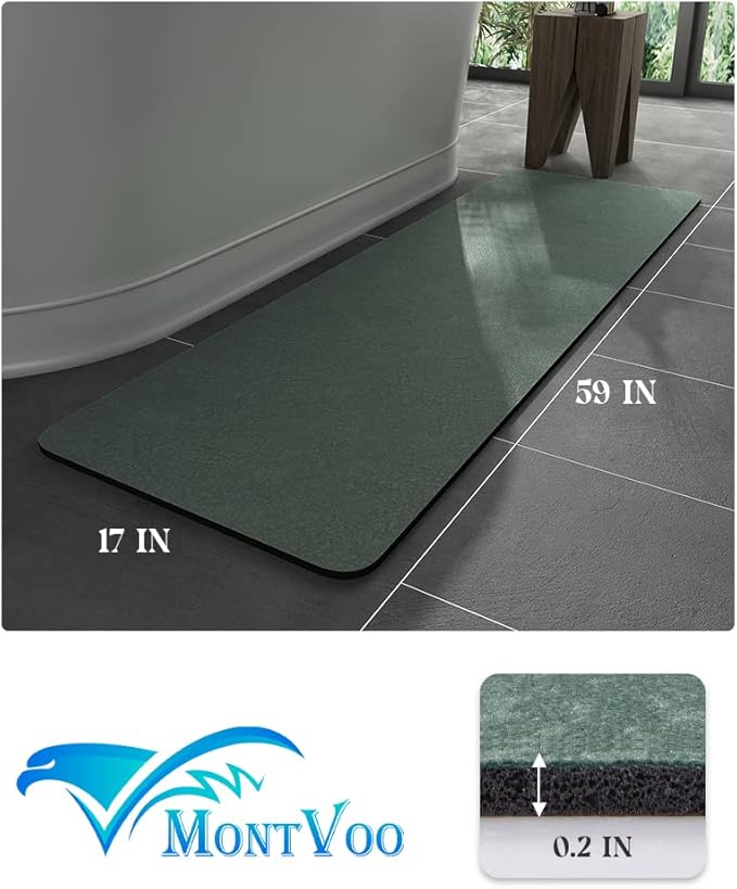 MontVoo -Bath Mat Rug-Rubber Backing Non Slip Quick Dry Absorbent Thin Bathroom Rugs Fit Under Door-Faux Suede Surface Bathroom Floor Mats-Shower Rug for in Front of Bathtub Shower Green 17"x59"