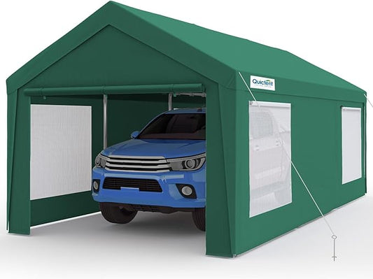 Quictent 12x20 ft Heavy Duty Carport Canopy Galvanized Car Tent Outdoor Garage Boat Shelter with Reinforced Structure with Roll-up Ventilated Windows Sidewall - Green