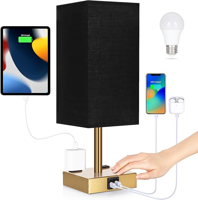 Bedside Lamp with USB Ports - Touch Control Table Lamp for Bedroom with USB C+A Charging Ports & AC Outlets, 3 Way Dimmable Nightstand Light for Living Room (LED Bulb Included, Brass - Black)