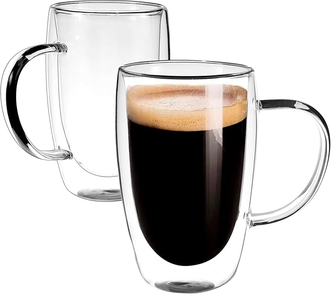 Clear Glass Double Wall Insulated Round Coffee Mugs Set of 2 Pieces - Large Size 16oz Best Reusable Coffee Mug for Home Cafe Restaurant Perfect for Espresso Capucinno Lungo Latte Coffee