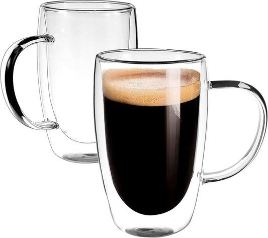 Clear Glass Double Wall Insulated Round Coffee Mugs Set of 2 Pieces - Large Size 16oz Best Reusable Coffee Mug for Home Cafe Restaurant Perfect for Espresso Capucinno Lungo Latte Coffee