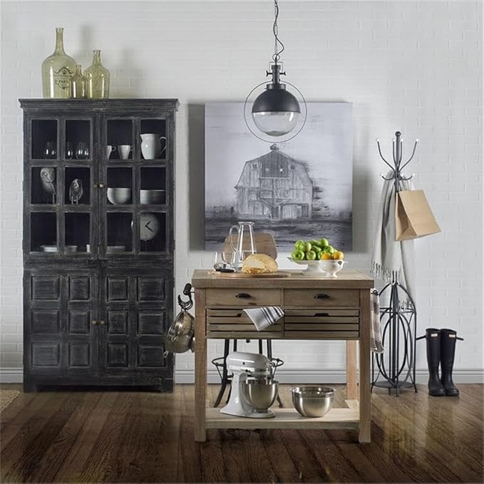 Pemberly Row Light Brown Base w/Black Iron Knobs Rolling Kitchen Island