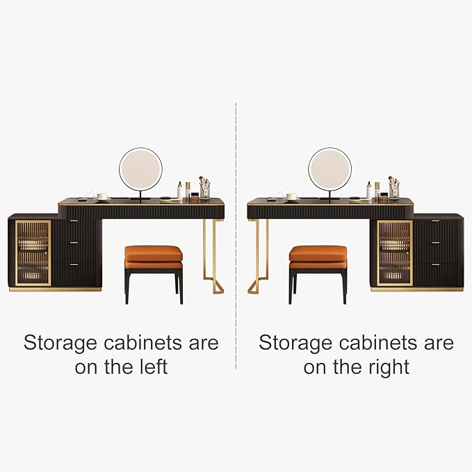 Larits Makeup Vanity with Stool, Very Easy to Assemble, Dressing Table in one, Super Storage with LED Light Vanity Mirror with ash Full Solid Wood upholstered Vanity Stool (Black Brown, 53 in)