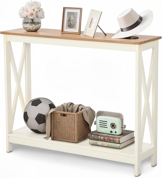 GREEN PARTY Vintage Farmhouse Entryway Console Table, 2-Tier Narrow Sofa Table with Storage Shelf for Living Room and Hallway, Rustic White Accent Furniture with Sturdy X-Shaped Legs