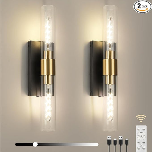 Wall Sconce Set of Two, Battery Operated Wall Sconce, Rechargeable Wall Lamp with Remote, Indoor Non-Hardwired Wall Sconces, Modern Vanity Light for for Bedroom, Hallway, Aisle