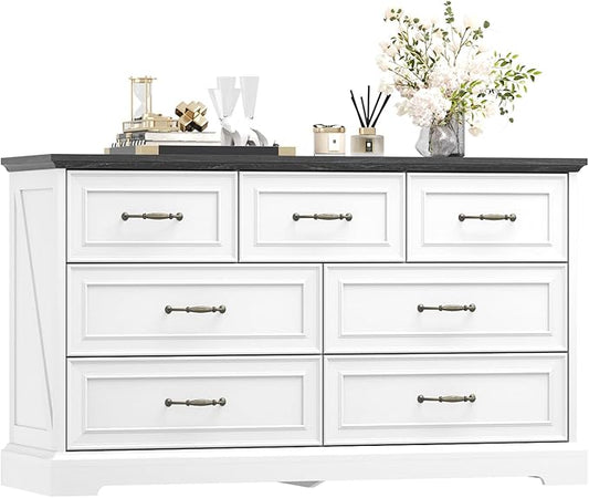 Dresser for Bedroom with 7 Drawer, Farmhouse Dresser for Closet, 47'' Wide Rustic Wooden Chest of Drawers with Natural Wood Texture, Vintage Storage Organizer for Living Room, Hallway, White
