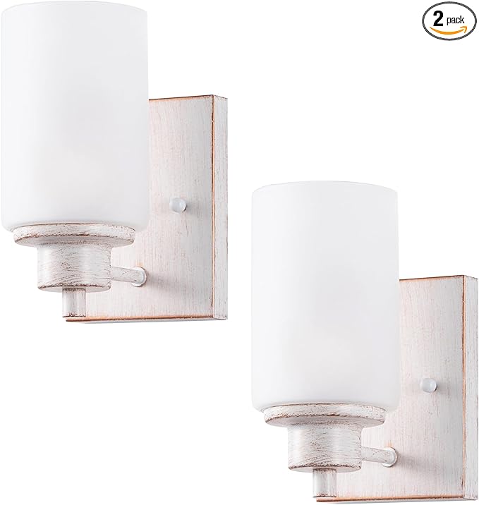 2 Pack Bath Vanity Light Fixture, Modern Indoor Wall Scone Lighting with Opal White Glass Shade, White Gold Wall Lamps