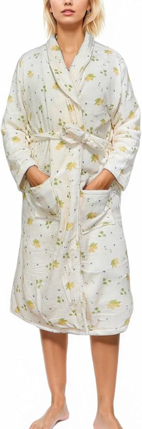 Women Fleece Floral Fruit Print Bathrobe Soft Flannel Lounge Robe Cute Fall Robe Lightweight Warm Gown with Belt