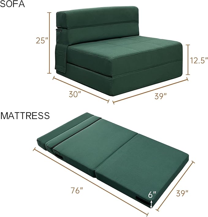 ANONER Memory Foam Fold Out Sofa Bed Couch with Pillow Twin Size Futon Sleeper Chair for Living Room Apartment, Dark Green