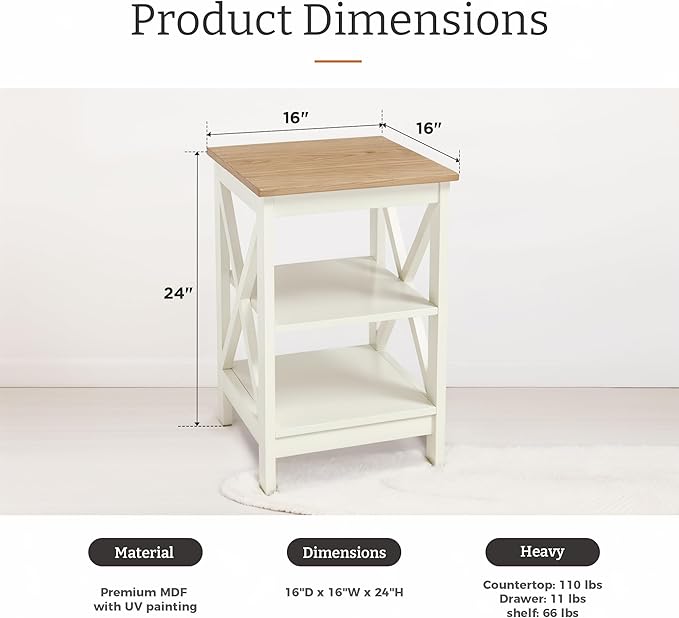 GREEN PARTY End Tables Living Room Set of 2,Side Tables with 3-Tier Storage Shelf, Small Nightstand for Bedroom, Wooden Frame,Small Coffee Table,White