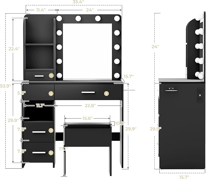 Vanity Desk with Mirror and Lights, 3 Adjustable Lighting Makeup Vanity Desk with 3 Storage Shelves, 5 Large Drawers and Power Outlet, Vanity with Chair for Bedroom, Black