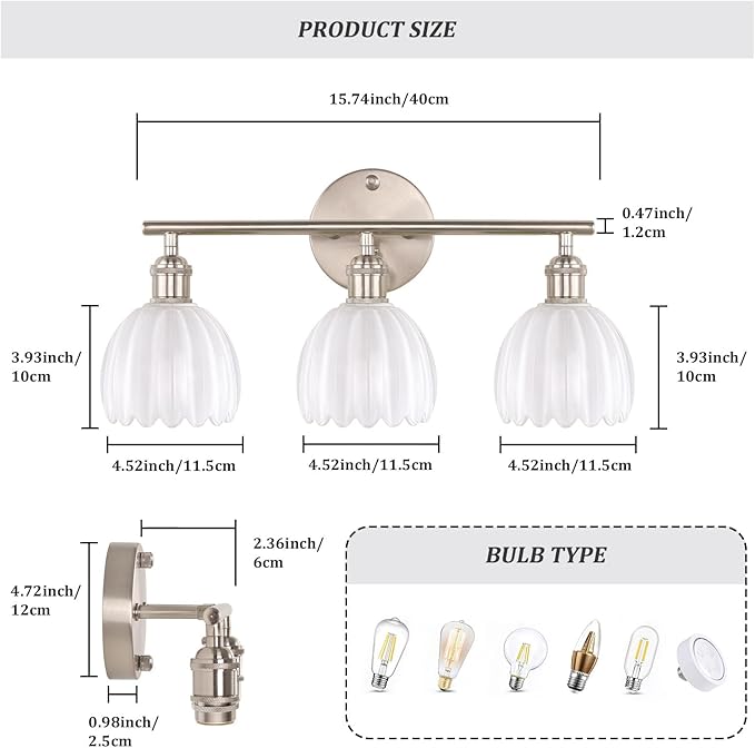 Bathroom Light Fixtures, 3-Light Vanity Wall Light Over Mirror with White Tulip Glass Shade for Bedroom Living Room, Satin Nickel