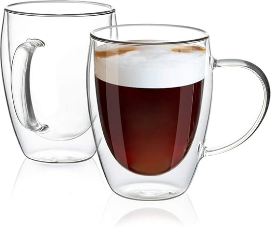 MEWAY 12oz/2 PACK Coffee Mugs,Clear Glass Double Wall Cup with handle for Coffee, Tea, Latte, Cappuccino (12 oz，2)