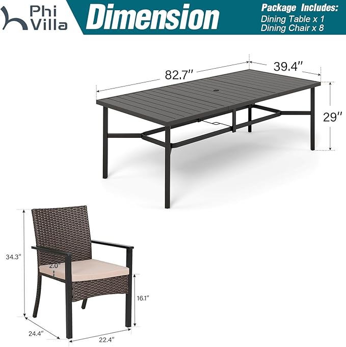 PHI VILLA 9 Pieces Outdoor Dining Set for 8, Large Rectangle Wrought Iron Table with Umbrella Hole & Cushioned Wicker Chairs, Dining Furniture for Patio, Deck, Yard, Porch