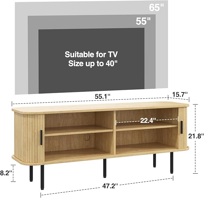 55" Natural Fluted TV Stand for TVs up to 65 Inch, Gaming Entertainment Center with Tambour Slatted Sliding Doors and Storage Cabinet, Media TV Consoles Table for Living Room, Office