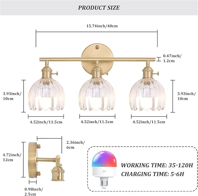 Battery Operated Bathroom Light Fixtures, 3-Light Brass Vanity Wall Light with 5000mAh Rechargeable Bulb Over Mirror with Clear Tulip Glass Shade for Bedroom Living Room