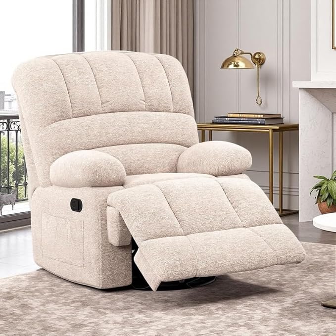Oversized Rocker Recliner Chair, 360°Swivel Nursery Rocking Chairs with Adjustable Backrest Footrest, Oversized Recliner for Adults, Cashmere Reclining Sofa for Living Room, White