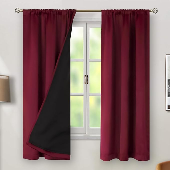 BGment Burgundy Red 100% Blackout Curtains 63 Inches Long with Thermal Insulated Liner, Rod Pocket and Back Tab Double Layer Full Room Darkening Window Curtain for Bedroom, 2 Panels,Each 38 x 63 Inch