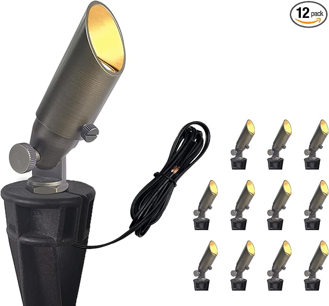 COLOER Mini Size Die-cast Brass Landscape SpotLights Outdoor, 12Volt AC/DC Low Voltage Landscape Lights Fixture,IP65 Waterproof Trees Directional Spot Up Light(104B, Bronze, 12-Pack Without Bulb)