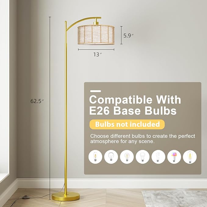 Oneach 62.5" Arc Floor Lamp for Living Room, Rattan Boho Floor Lamp with Gold Metal Base, Double Shades, Farmhouse Rustic Modern Standing Lamp for Bedroom Office Corner