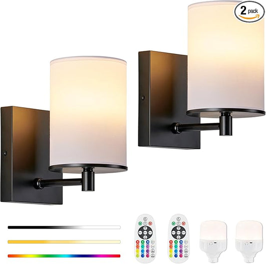 TERLEENART Battery Operated Wall Sconce Set of Two,13 RGB Colors Dimmable Rechargeable Wall Sconces with Remote Control,Wall Lights with Cylinder White Fabric Shade for Bedroom Living Room