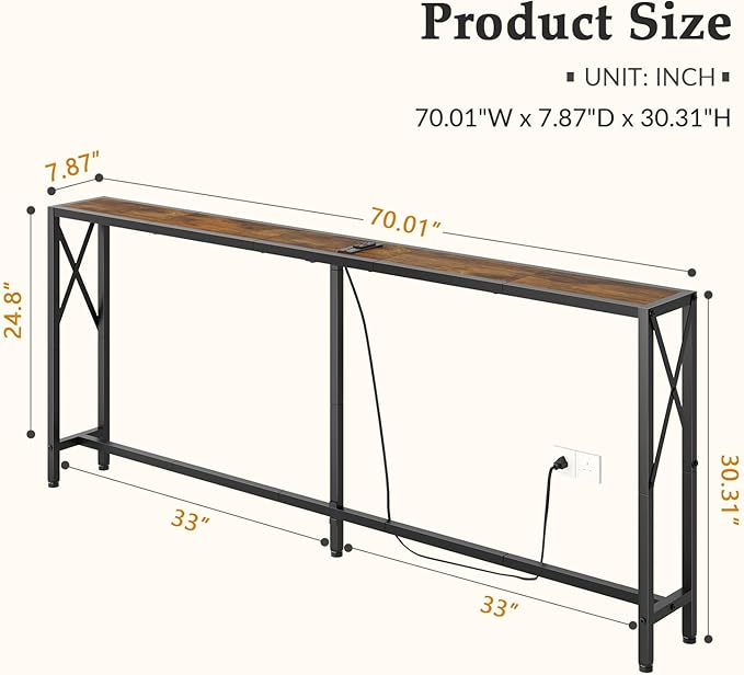 70 in Skinny Sofa Table Behind Couch, Console Table with Oulets & USB Ports for Hallway, Entryway,Living Room, Bedroom, Rustic Brown