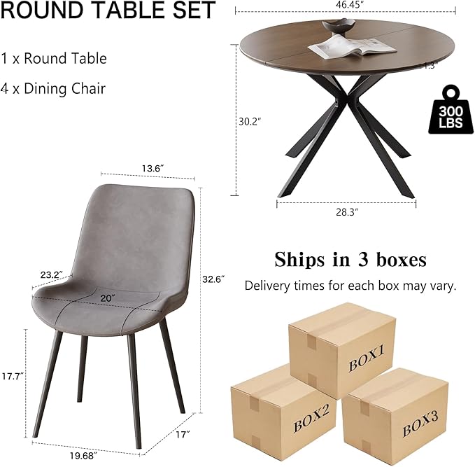46.4" Round Dining Table Set with 4 Chairs, Modern Dining Set with Comfortable PU Leather Chairs, Sturdy MDF Table with X-Shaped Base, Easy Assembly, Ideal for Dining Room or Kitchen
