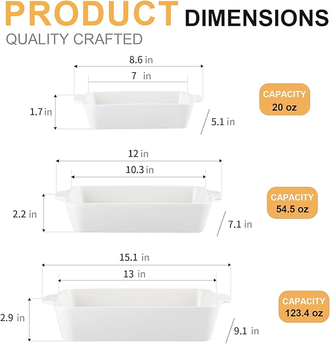 YUN TAO Casserole Dishes for Oven, Porcelain Baking Dishes, Ceramic Bakeware, Rectangular Lasagna Pans Deep with Handles for Baking Cake Kitchen,Cake Dinner,3-Piece (Set of 3, White) (White, 15.1 Inch)