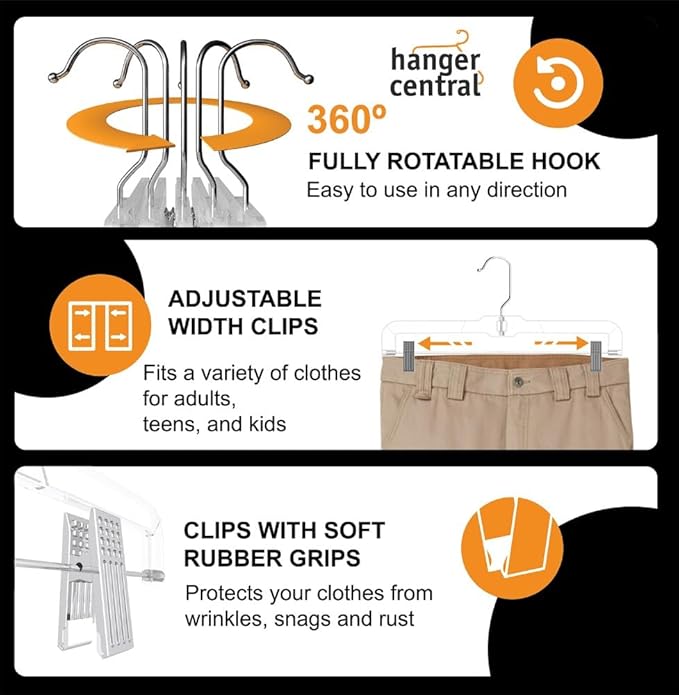 Hanger Central Premium 14 Inch Clear Pants Hangers with Adjustable Clips - 25 Pack Space-Saving Skirt Hangers - Non-Slip Heavy Duty Plastic Closet Organizers with 360° Swivel Hook