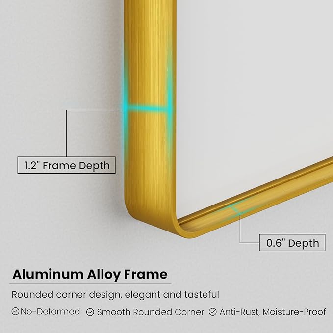 Gold Bathroom Mirror, 40x32 Inch Brushed Gold Metal Frame Mirror for Wall, Rounded Rectangle Bathroom Vanity Mirror, Tempered Glass, Anti-Rust, Horizontal/Vertical