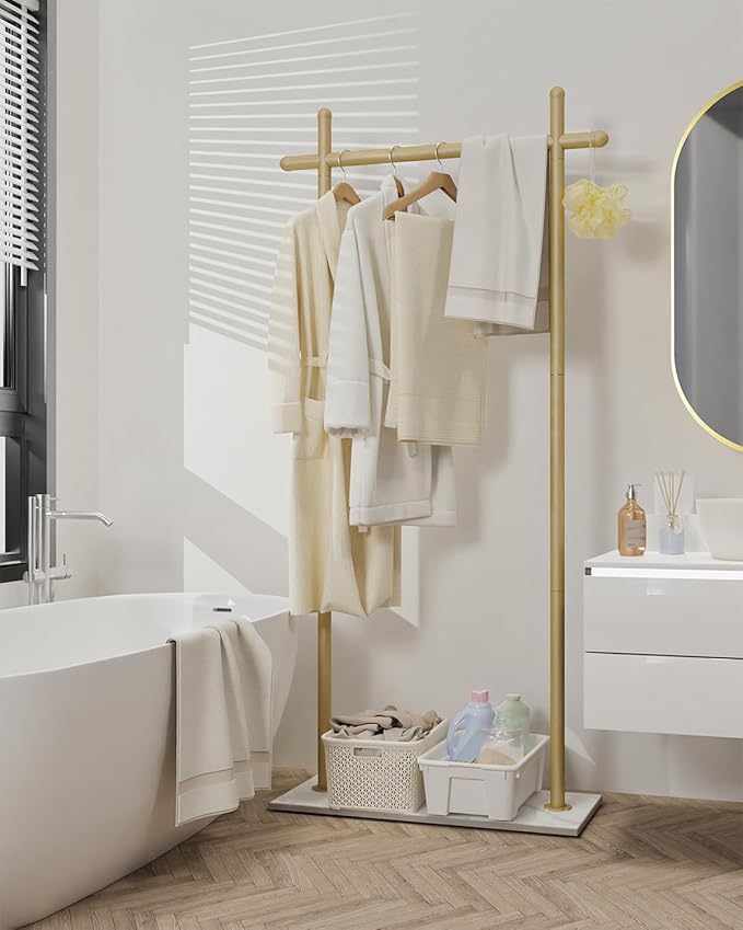 Coat Rack Freestanding with Natural Rock Base, Metal Coat Hanger Stand, Industrial Garment Rack, Clothes Tree for Bedroom Living Room Office To Hang Outerwear, Hats, 68.9in, Gold, Large