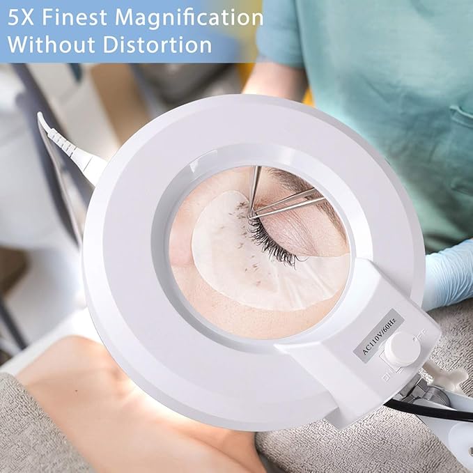 Magnifying Floor Lamp with 5 Wheels Rolling Base for Estheticians - 1,500 Lumens LED Dimmable Light with Magnifying Glass, 8-diopter Lighted Magnifier for Reading, Crafts, Sewing, Close Work(5X)