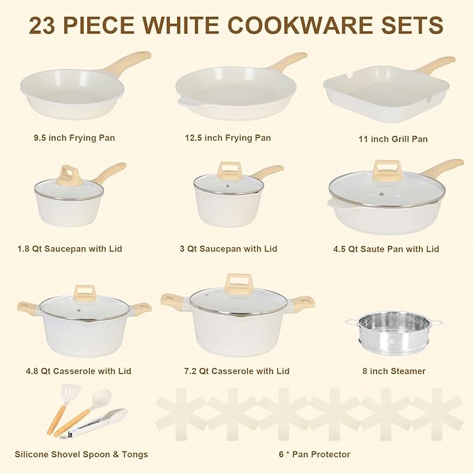 Romswi 23pcs Pots and Pans Set Non Stick, Kitchen Cookware Set with Casserole, Frying & Saucepans, Oven Safe & Stovetop Agnostic (Gas, Electric & Induction) - White