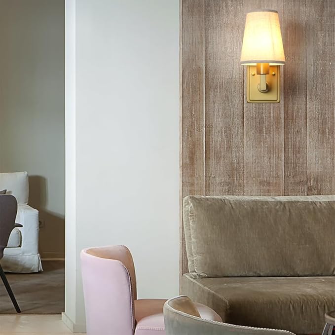 Wall Sconce 1-Light Fixture Antique Finish with Linen Fabric Shade, E26 Hardwired Indoor Wall Light for Vanity Bathroom Living Room Bedside Nightstand Light