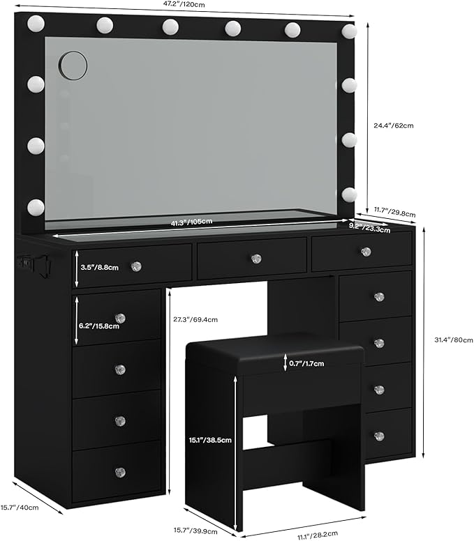 Vanity Desk with Power Outlet, Makeup Vanity with Mirror and 12 LED Lights, 3 Lighting Modes,11 Drawers Vanity Table with Chair, Glass Top, Vanity Set for Bedroom,Dressing Room, Black