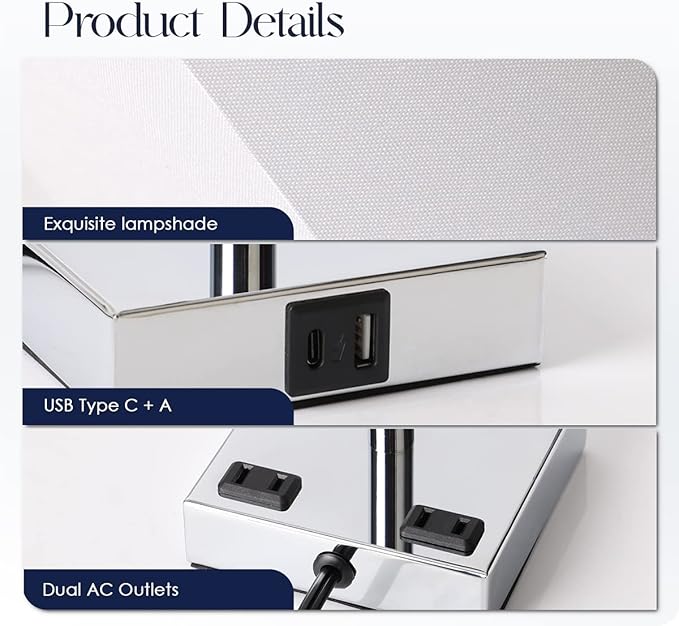 Bedside Lamp with USB Ports - Touch Control Table Lamp for Bedroom with USB C+A Charging Ports & AC Outlets, 3 Way Dimmable Nightstand Light for Living Room (LED Bulb Included, Chrome - White)