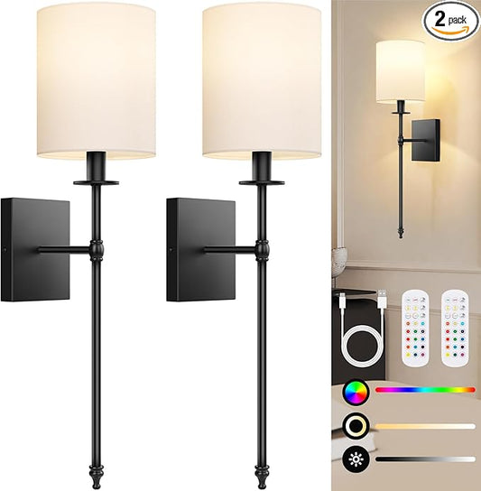 27 Inch Black Battery Operated Wall Sconces Set of 2, Rechargeable Wireless Wall Lights with Remote & White Fabric Shade, Indoor Not Hardwired Dimmable Wall Lamps for Hallway, 2 Bulbs Included