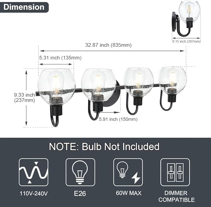 4-Lights Contemporary Bathroom Light Fixtures Over Mirror with Seeded Globe Glass Shades, Black Rustic Vanity Wall Lighting for Bedroom Dressing Cabinet