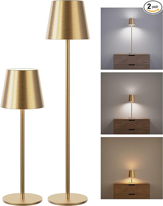 JACKYLED Cordless Table Lamps Rechargeable, 3 Adjustable Height, 5000mAh Battery Operated, 3 Colors Smooth Dimming, Portable LED Waterproof Gold Lamp for Dining, Bedroom, Outdoor (2 Pack)